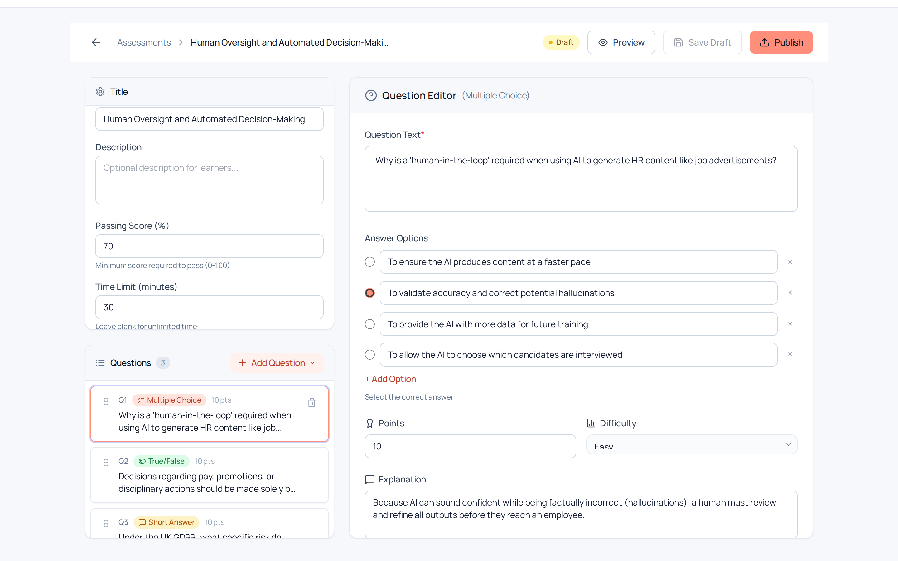 Assessment editor with a multiple-choice question on human review of AI drafts