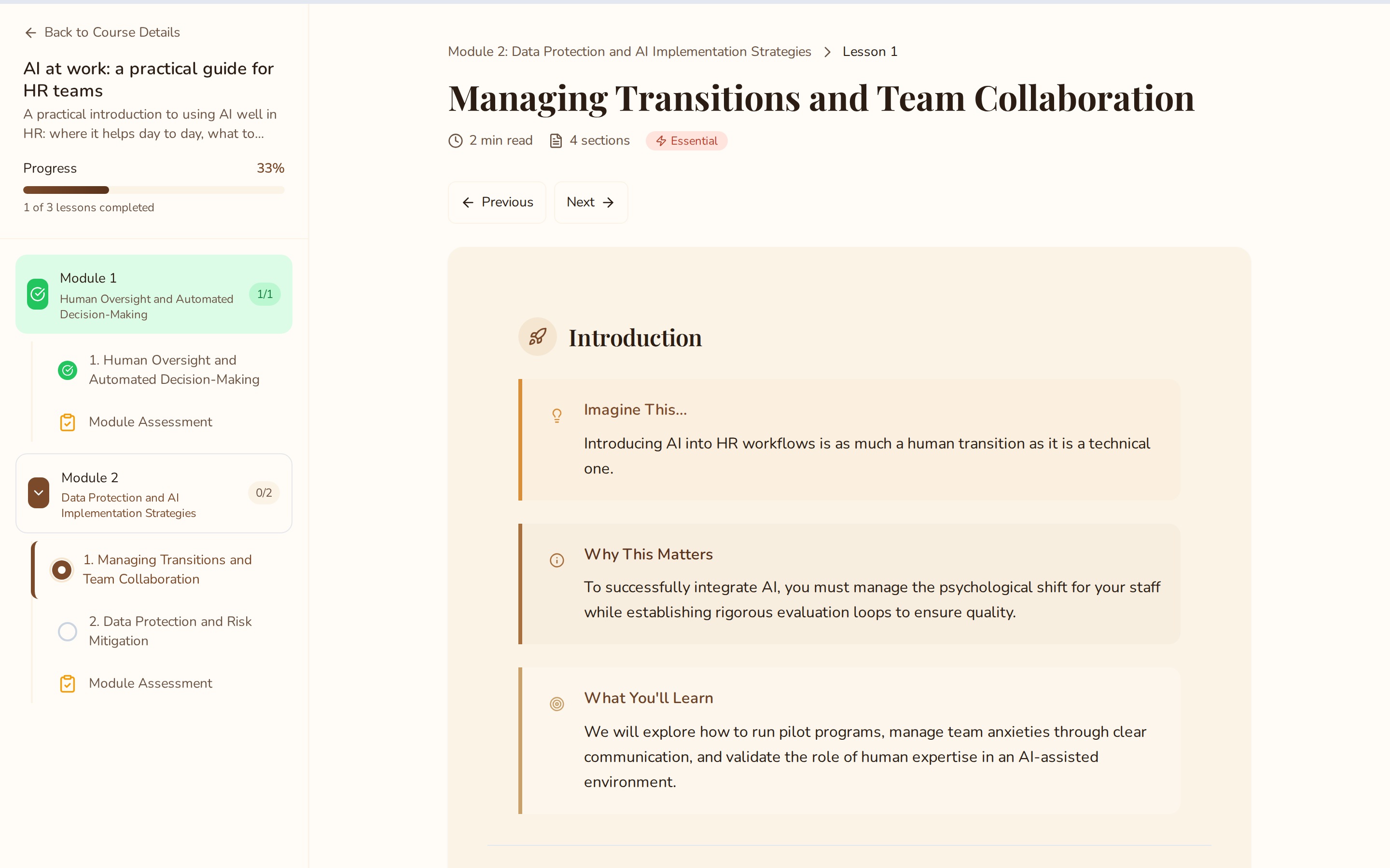 Learner view of 'AI at work: a practical guide for HR teams' in the Northfield Group brand: the lesson 'Managing Transitions and Team Collaboration', with course progress and the completed first lesson in the sidebar