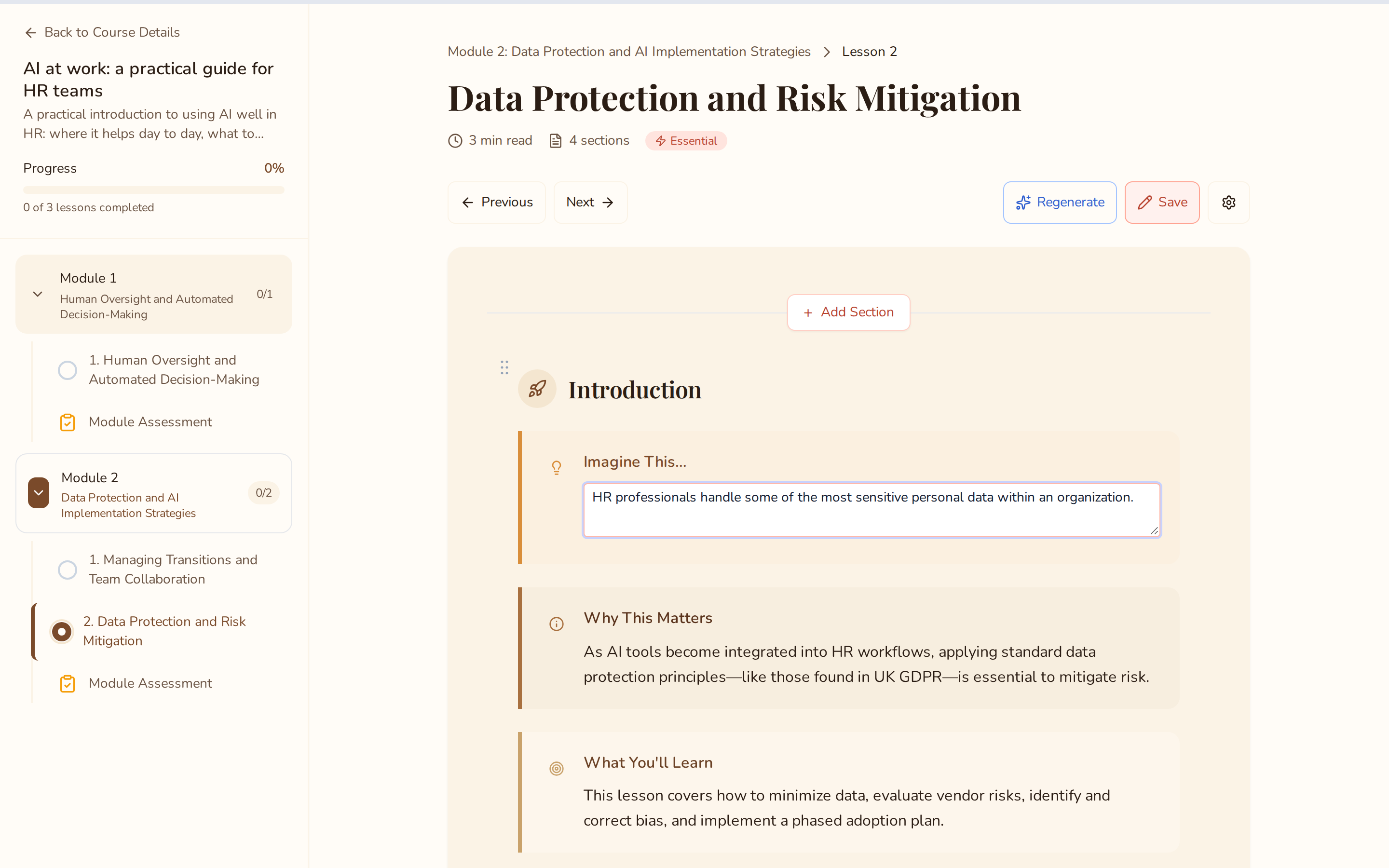 The lesson 'Data Protection and Risk Mitigation' in edit mode: the introduction text is open for editing, with Add Section, Save and an AI Regenerate button in view, in the Northfield Group brand