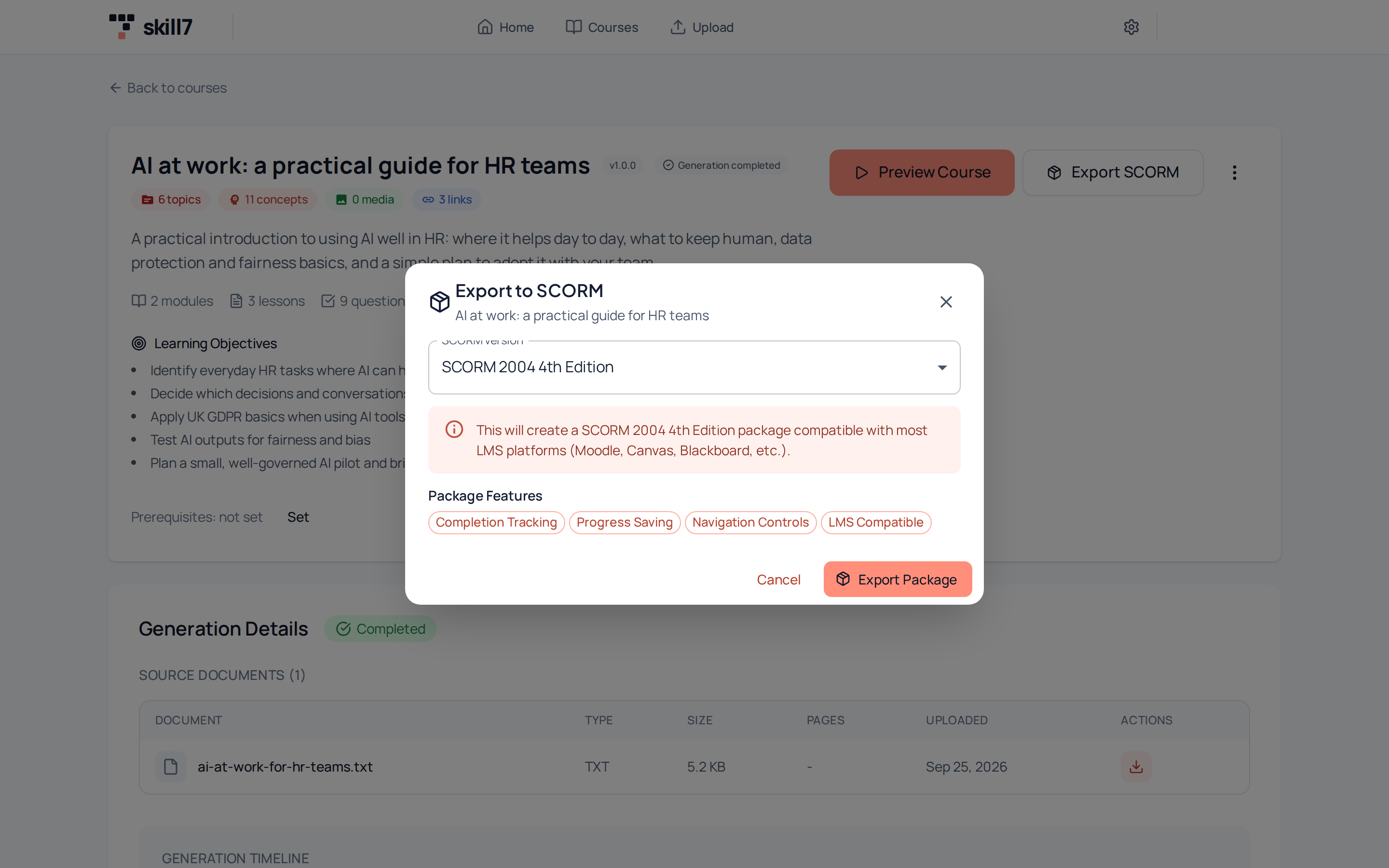 Export to SCORM dialog for 'AI at work: a practical guide for HR teams', with SCORM 2004 4th Edition selected and package features such as completion tracking and progress saving